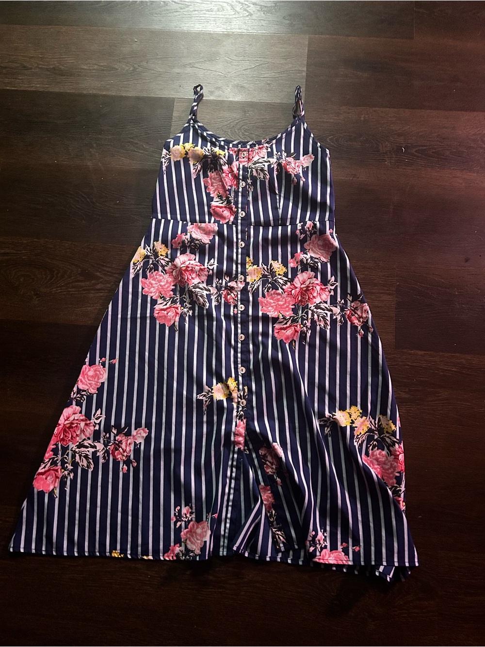 SHEIN Navy Blue Striped Floral Button-Front Midi Dress